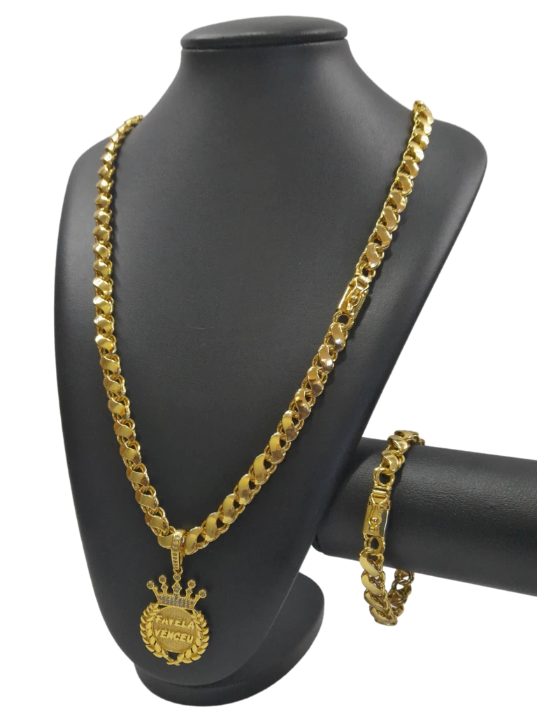 Cordão+Pulseira Friso S 9mm Pingente Favela Venceu Cravejado Banhado a Ouro 18k