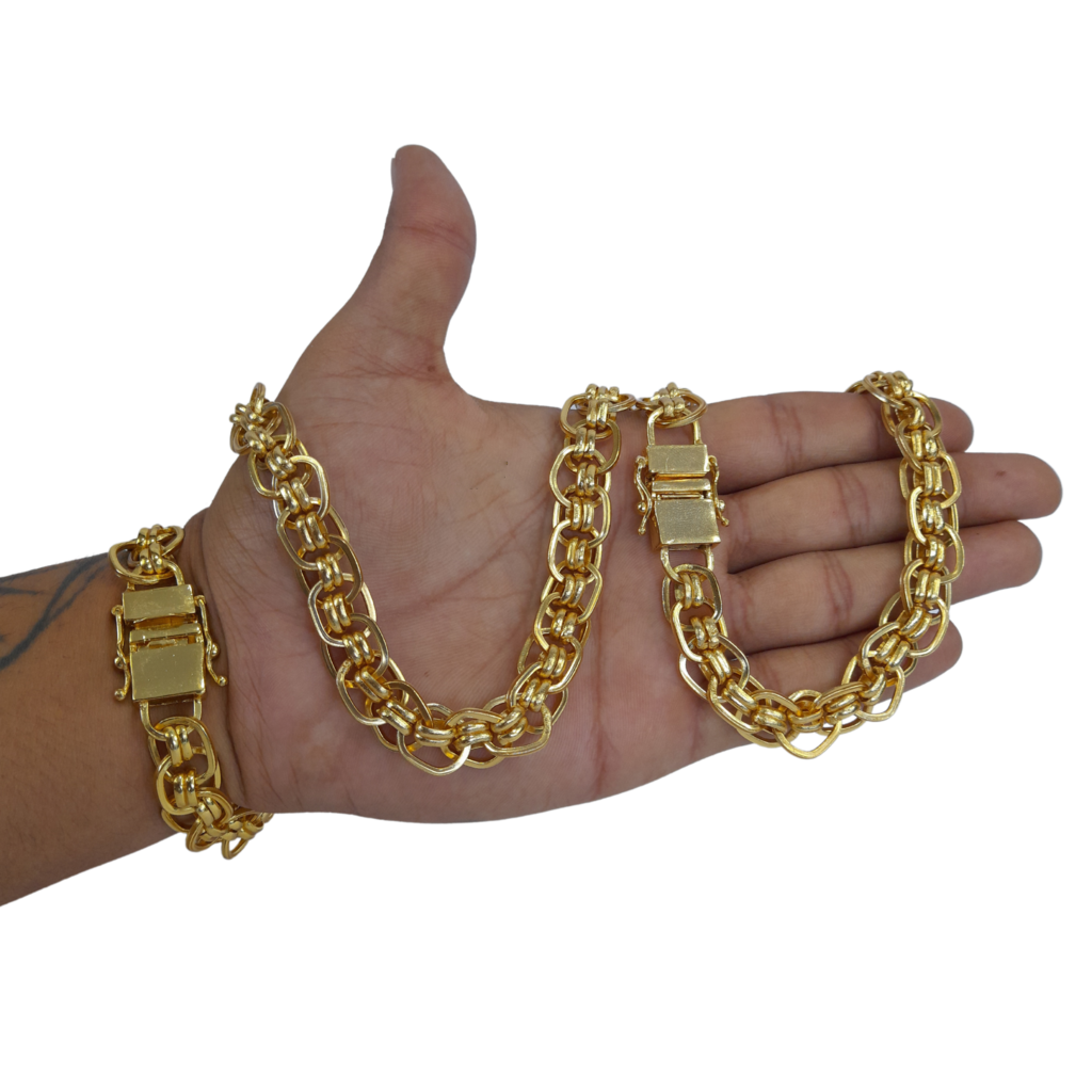 Cordão+Pulseira Imperador 13mm Fecho Duplo Banhado Ouro 18k