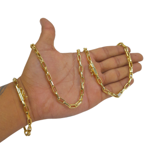 Cordão+Pulseira Meia Cana 7mm Banhado a Ouro 18k