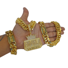 Cordão+Pulseira Grumet Lacraia 20mm Pingente Favela Venceu Placa Banhado a Ouro 18k