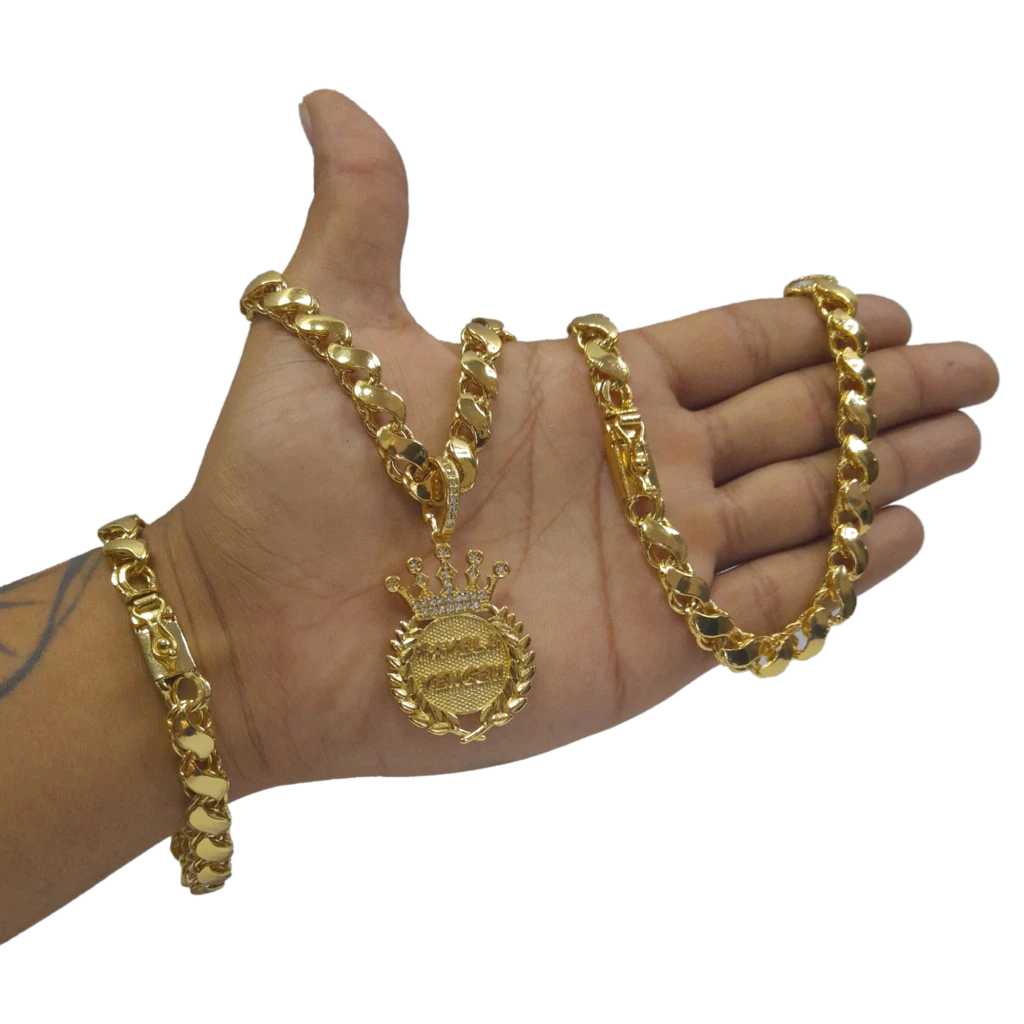 Cordão+Pulseira Friso S 9mm Pingente Favela Venceu Cravejado Banhado a Ouro 18k