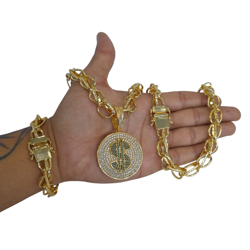 Cordão+Pulseira Balão 13mm Fecho Duplo Pingente Cifrão Banhado a Ouro 18k