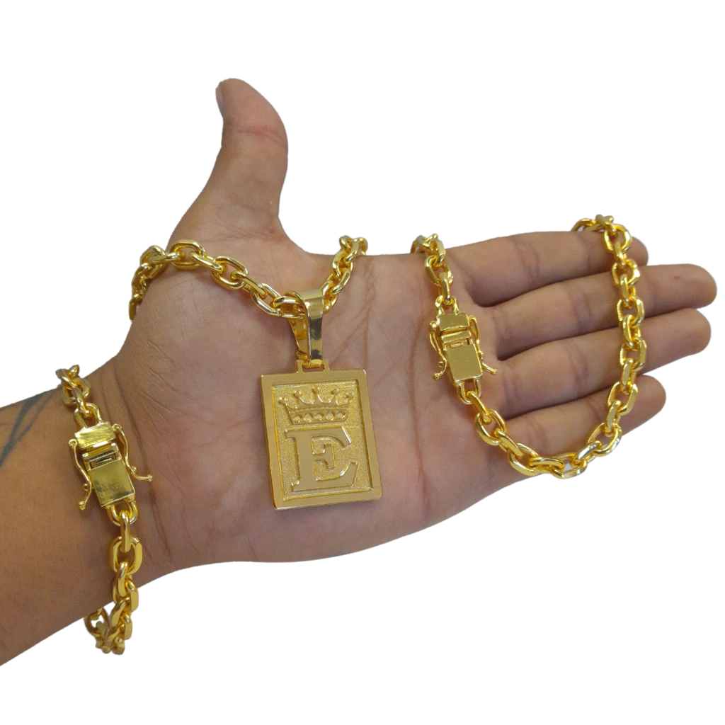 Cordão / Corrente com Pulseira Cadeado 9mm Fecho Duplo Pingente Escolha sua Letra Coroa de A a Z Banhado a Ouro 18k