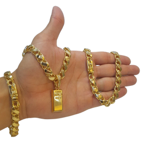 Cordão+Pulseira Friso S 9mm Pingente Barra de Ouro Banhado a Ouro 18k