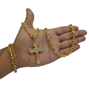 Cordão+Pulseira Cadeado 7mm Pingente Cruz Cravejada Banhado a Ouro 18k