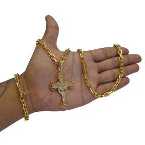 Cordão+Pulseira Cadeado 7mm Pingente Cruz Lenço Cravejado Banhado a Ouro 18k