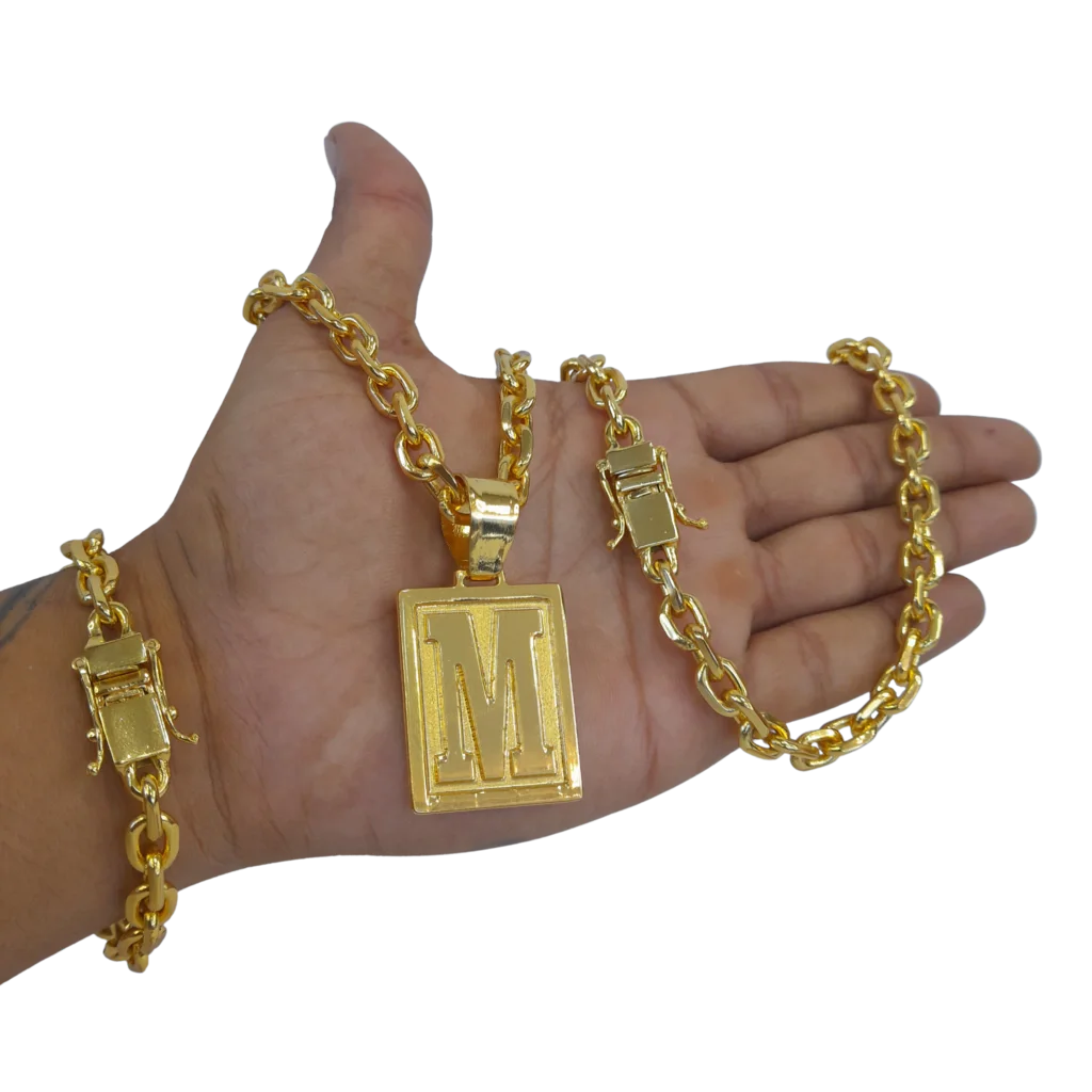 Cordão+Pulseira Cadeado 9mm Fecho Duplo Pingente Escolha sua Letra de A a Z Banhado a Ouro 18k