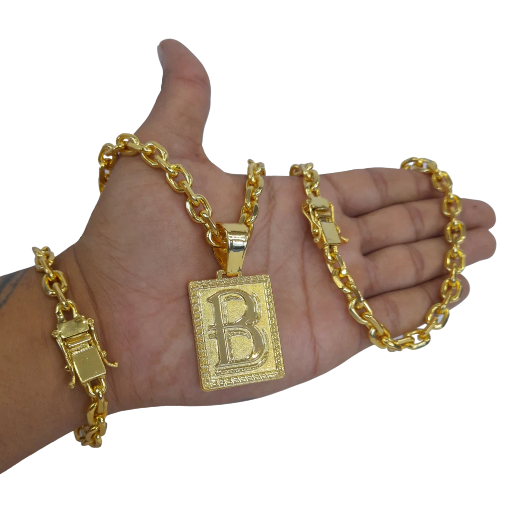 Cordão+Pulseira Cadeado 9mm Fecho Duplo Pingente Escolha Sua Letra de A a Z Bordada Banhado a Ouro 18k