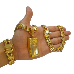 Cordão+Pulseira Dubai 15mm Pingente Barra de Ouro Banhado a Ouro 18k