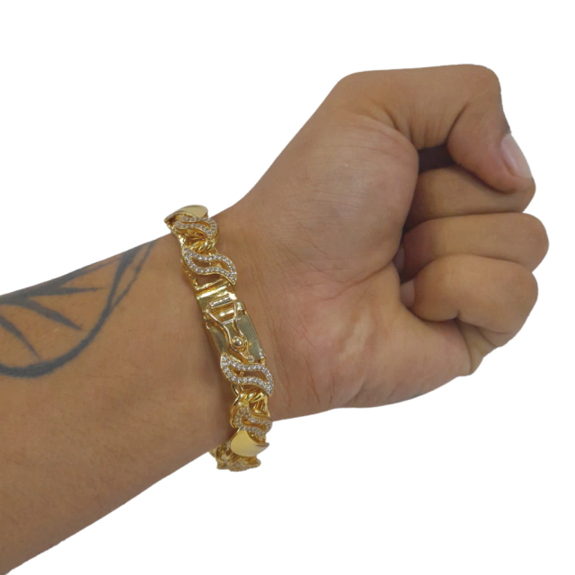 Pulseira Friso S 13mm 1 por 1 Cravejado Banhado a Ouro 18k