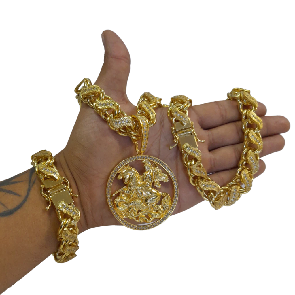 8Cordão+Pulseira Friso S 16mm Cravejado Pingente São Jorge Mega Banhado a Ouro 18k