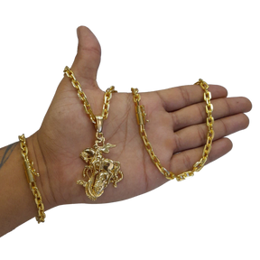 Cordão+Pulseira Cadeado 7mm Pingente São Jorge Banhado a Ouro 18k