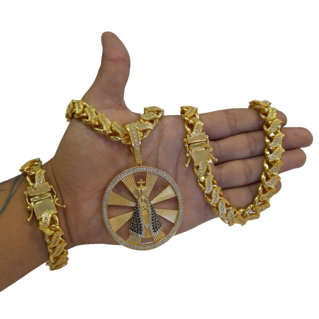 Cordão+Pulseira Pitbull Grumet S 13mm Cravejado Pingente Nossa Senhora Mega Banhado a Ouro 18k