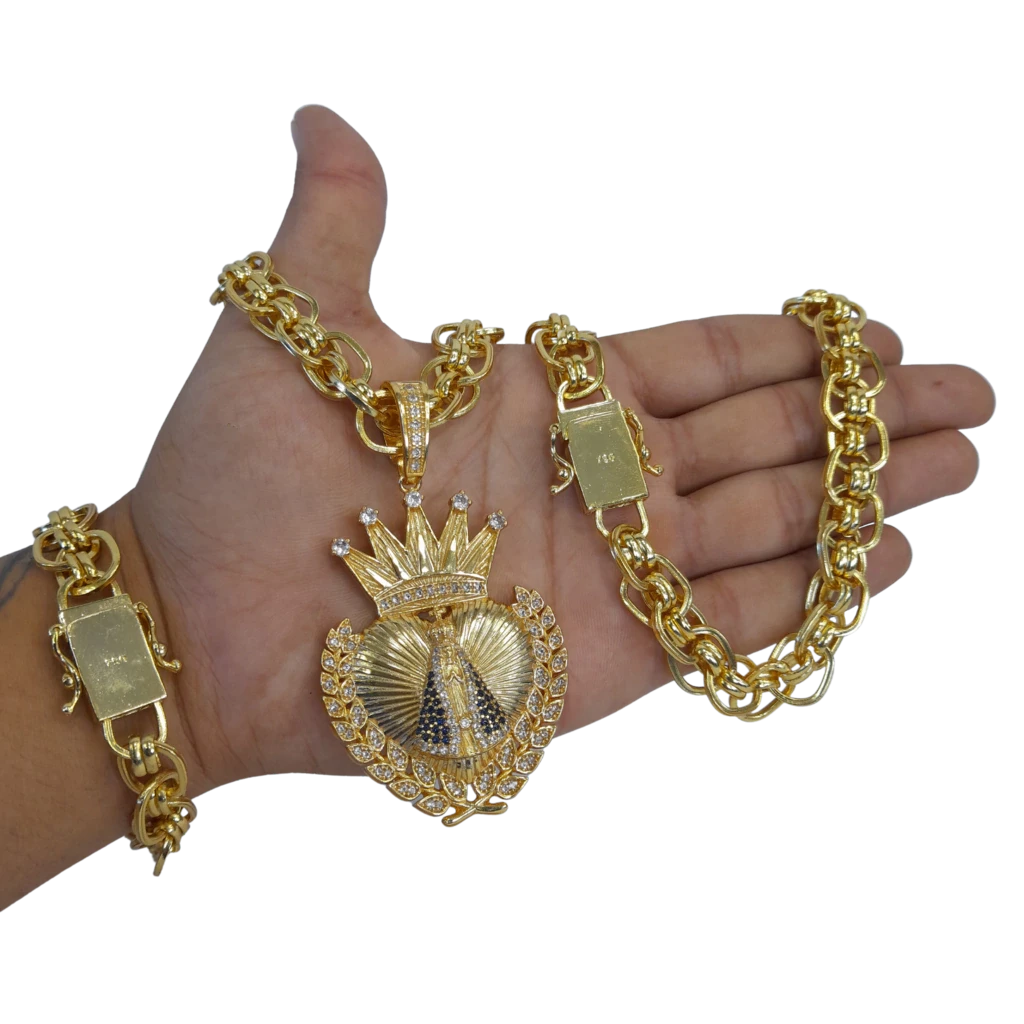 Cordão+Pulseira Imperador 13mm Fecho Duplo Pingente Nossa Senhora Coração Louros Banhado a Ouro 18k