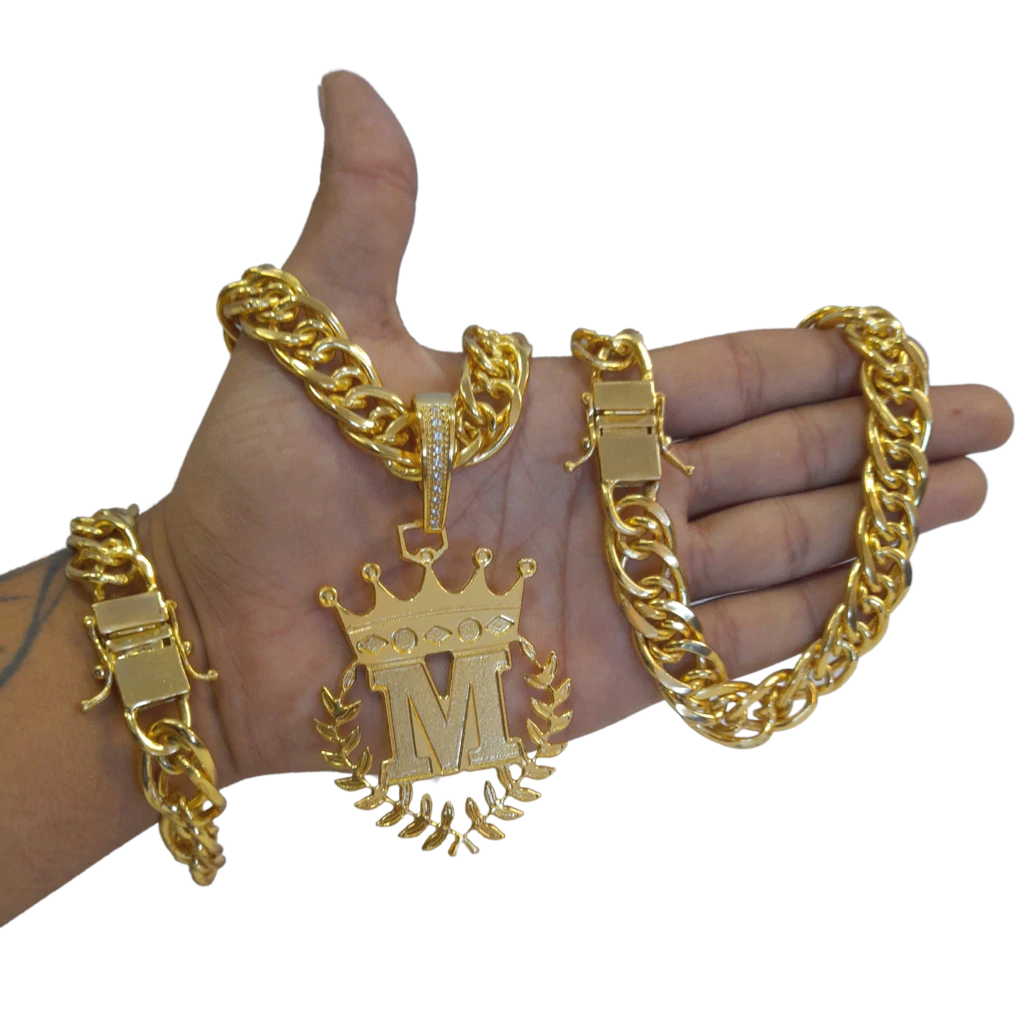 Cordão / Corrente com Pulseira Romano 15mm Pingente Escolha sua Letra Louros de A a Z Banhado a Ouro 18k