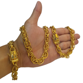 Cordão+Pulseira Imperador 13mm Fecho Nossa Senhora Banhado a Ouro 18k