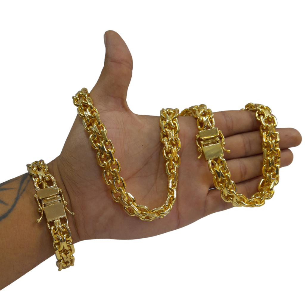 Cordão+Pulseira Cadeado Duplo 14mm Banhado a Ouro 18k
