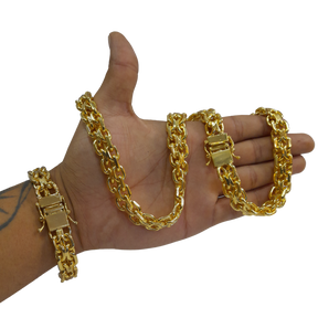 Cordão+Pulseira Cadeado Duplo 14mm Banhado a Ouro 18k