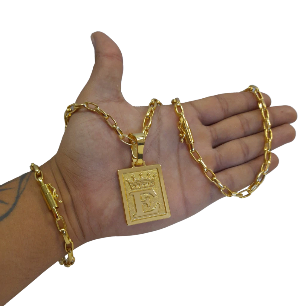 Cordão+Pulseira Meia Cana 7mm Pingente Escolha sua Letra Coroa de A a Z Banhado a Ouro 18k