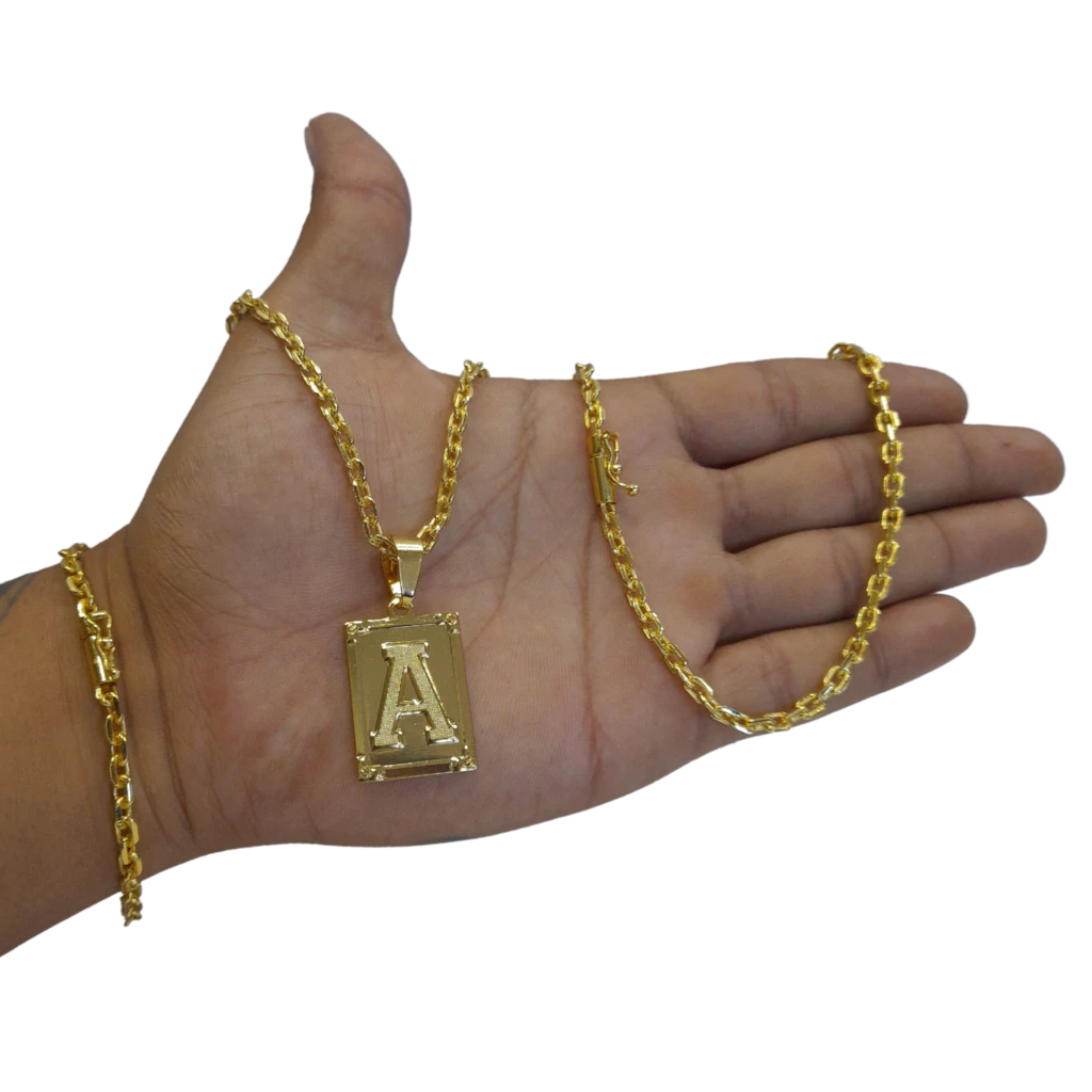 Cordão / Corrente com Pulseira Cadeado 4mm e Pingente Escolha sua Letra de A a Z Banhado A Ouro 18k