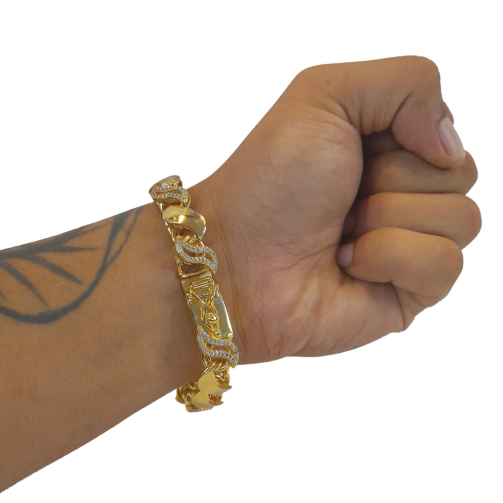 Pulseira Friso S 13mm 2 por 1 Cravejado Banhado a Ouro 18k