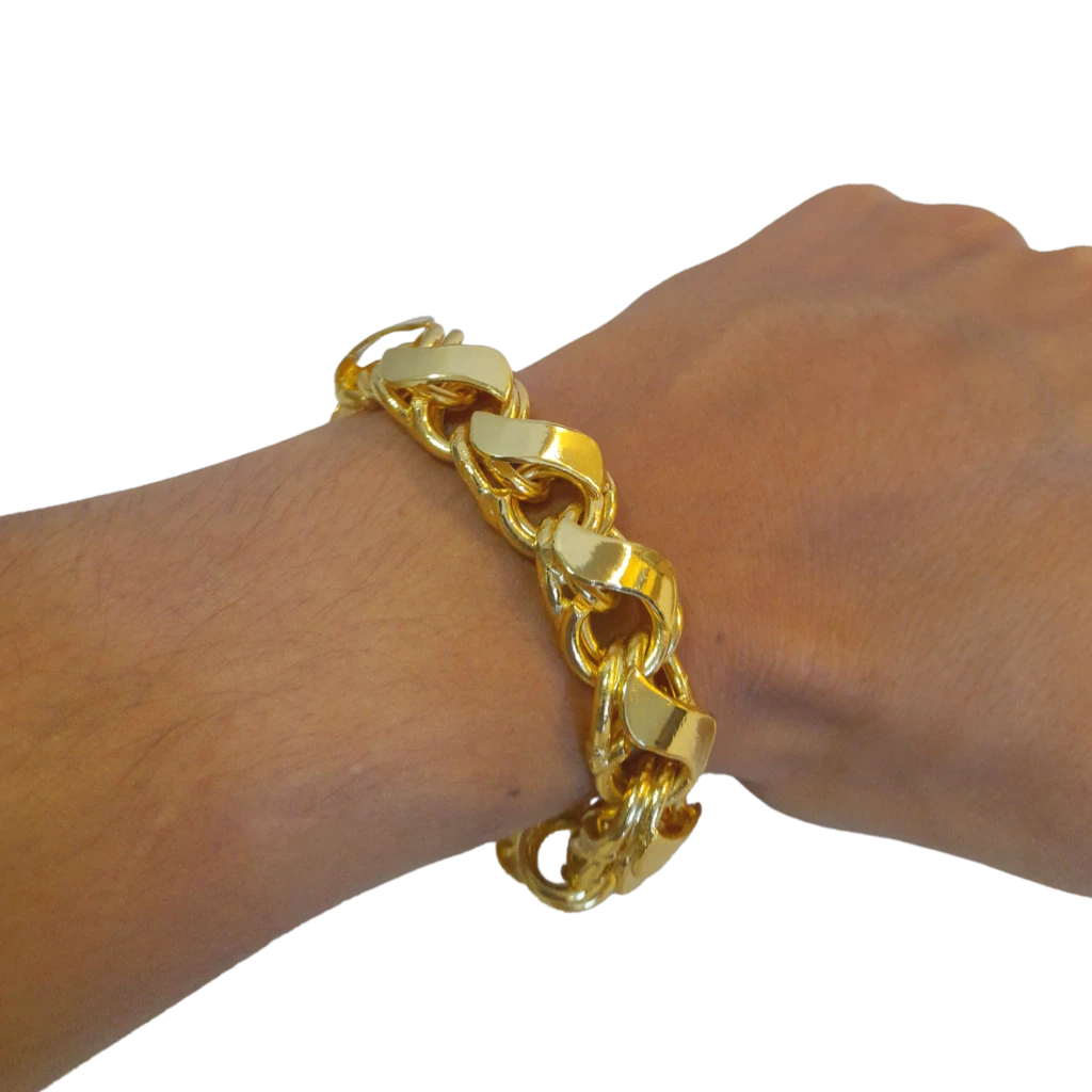 Cordão+Pulseira Friso S 16mm Pingente Fé Mãos Coração Banhado a Ouro 18k