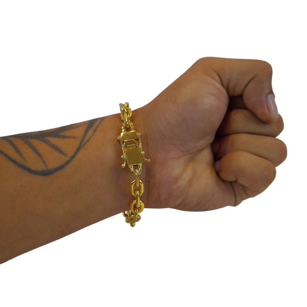 Cordão+Pulseira Cadeado 9mm Fecho Duplo Pingente Escolha Sua Letra de A a Z Bordada Banhado a Ouro 18k