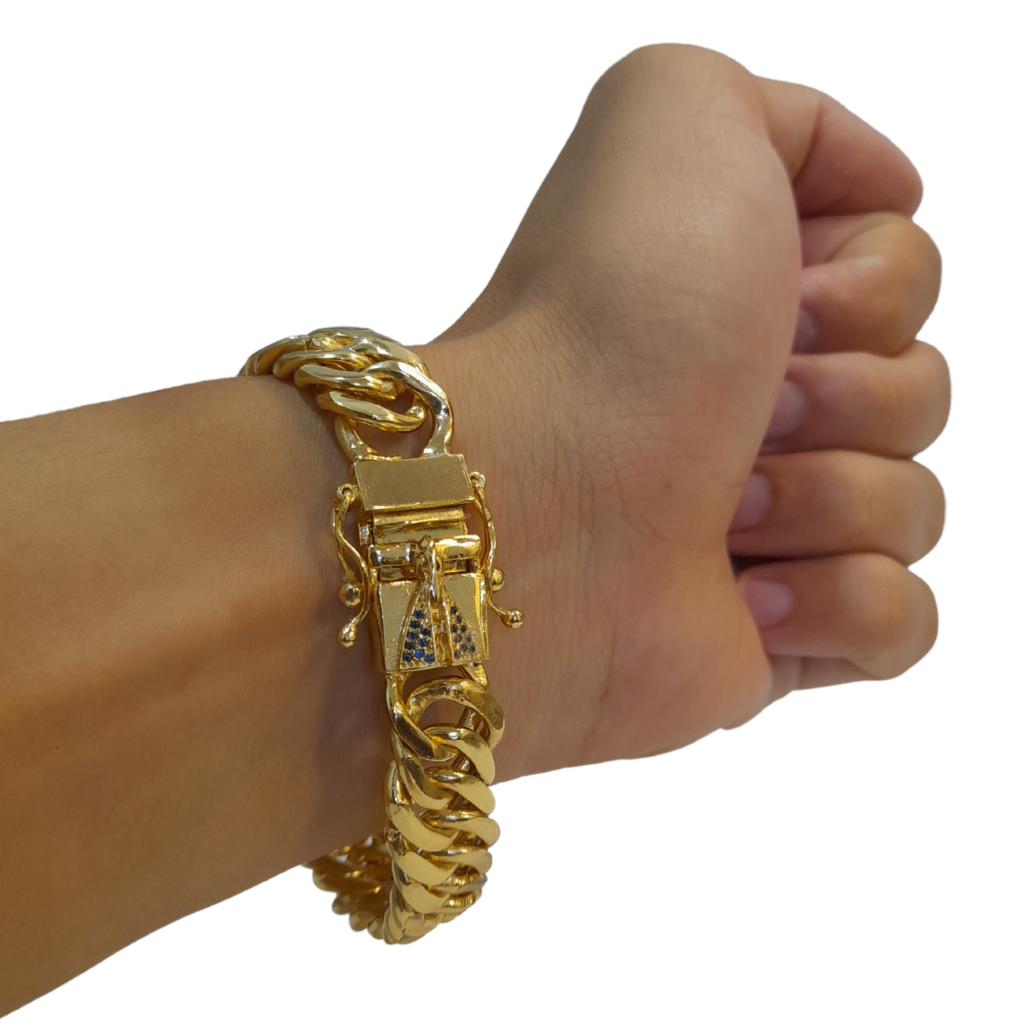 Cordão+Pulseira Grumet Lacraia 13mm Fecho Nossa Senhora Banhado a Ouro 18k