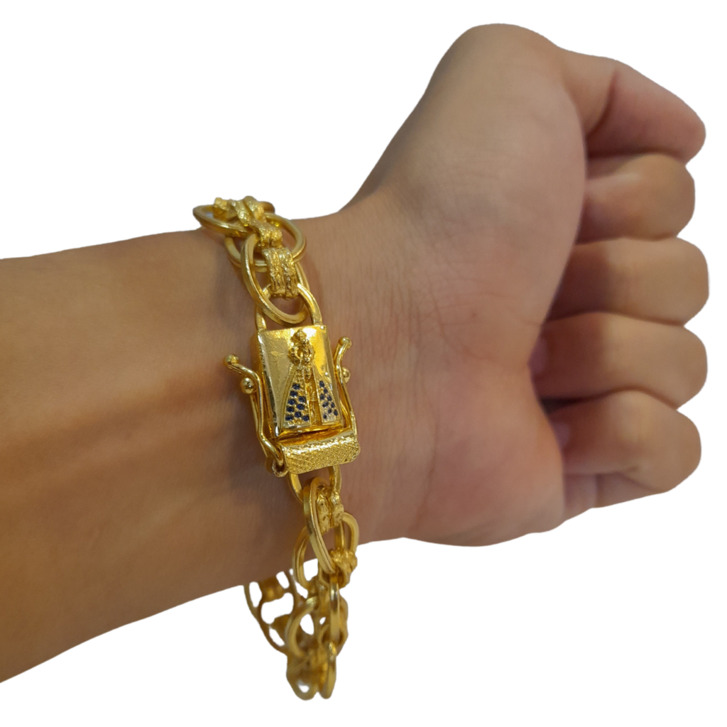 Cordão+Pulseira Imperador 13mm Fecho Nossa Senhora Banhado a Ouro 18k