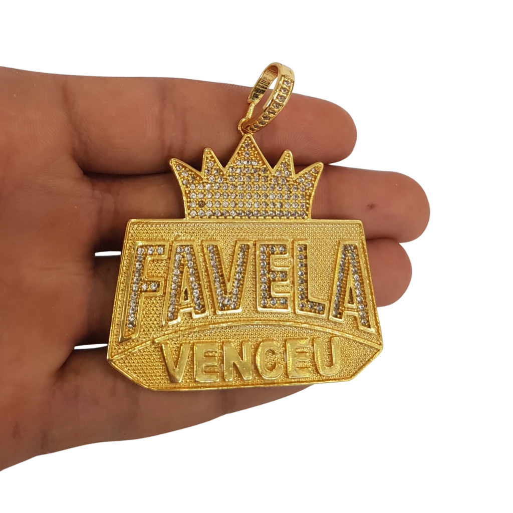 Cordão+Pulseira Grumet Lacraia 20mm Pingente Favela Venceu Placa Banhado a Ouro 18k
