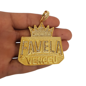 Cordão+Pulseira Grumet Lacraia 20mm Pingente Favela Venceu Placa Banhado a Ouro 18k