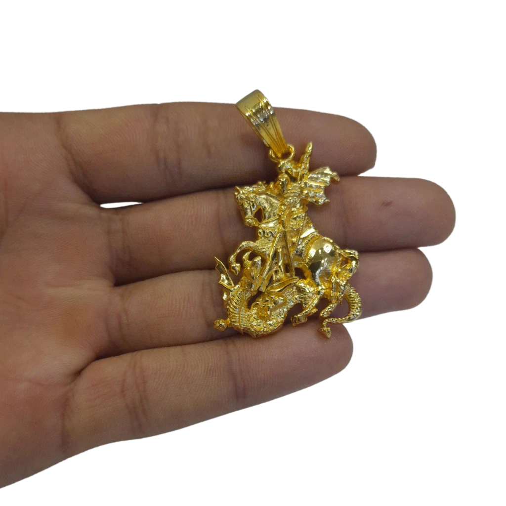 Cordão+Pulseira Cadeado 7mm Pingente São Jorge Banhado a Ouro 18k