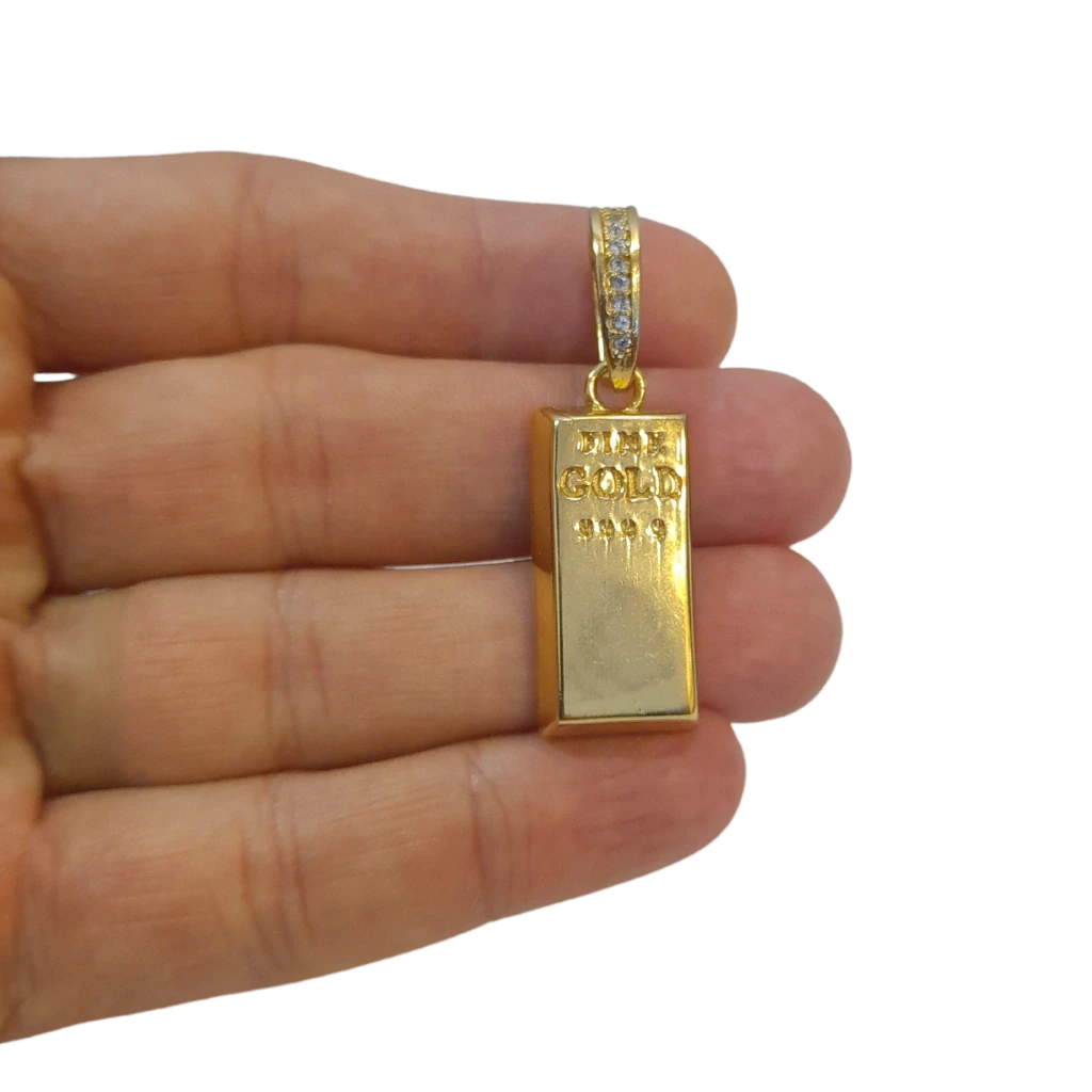 Cordão+Pulseira Friso S 9mm Pingente Barra de Ouro Banhado a Ouro 18k