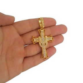 Cordão+Pulseira Cadeado 7mm Pingente Cruz Lenço Cravejado Banhado a Ouro 18k