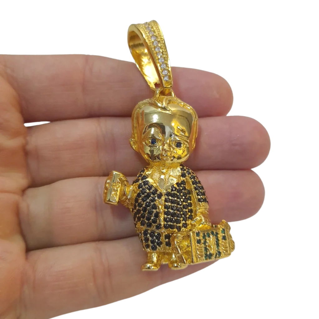 Cordão+Pulseira Dubai 15mm Pingente Poderoso Chefinho Cravejado Preto Banhado a Ouro 18k