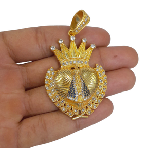 Cordão+Pulseira Imperador 13mm Fecho Duplo Pingente Nossa Senhora Coração Louros Banhado a Ouro 18k