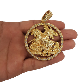 8Cordão+Pulseira Friso S 16mm Cravejado Pingente São Jorge Mega Banhado a Ouro 18k