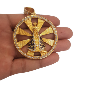 Cordão+Pulseira Pitbull Grumet S 13mm Cravejado Pingente Nossa Senhora Mega Banhado a Ouro 18k