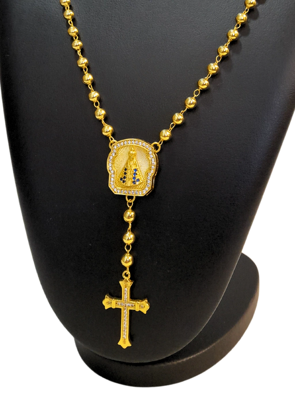 Cordão Terço 80cm Nossa Senhora Com Cruz Gótica Cravejado Banhado a Ouro 18k