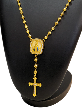 Cordão Terço 80cm Nossa Senhora Com Cruz Gótica Cravejado Banhado a Ouro 18k