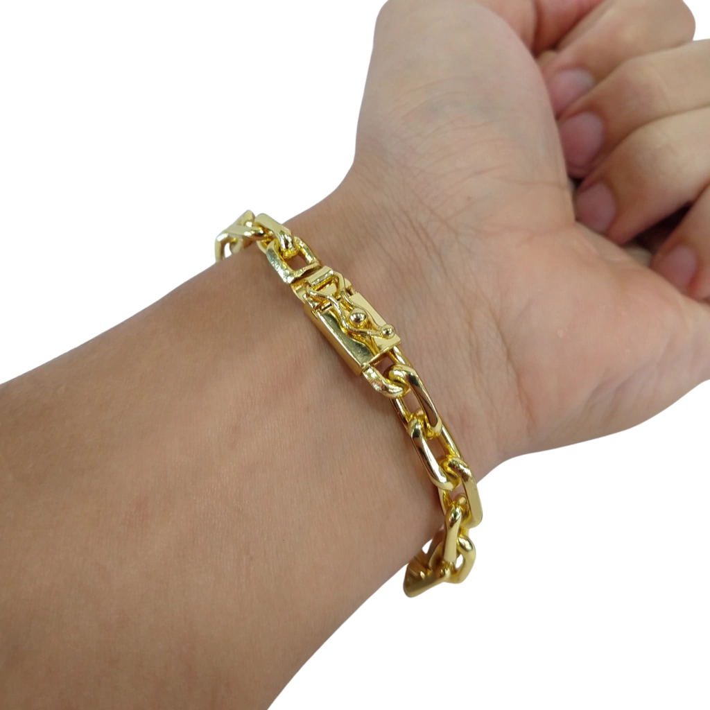 Cordão+Pulseira Cadeado 9mm Pingente Fé com Diamante Banhado a Ouro 18k 70cm