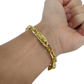 Cordão+Pulseira Cadeado 9mm Pingente Fé com Diamante Banhado a Ouro 18k 70cm