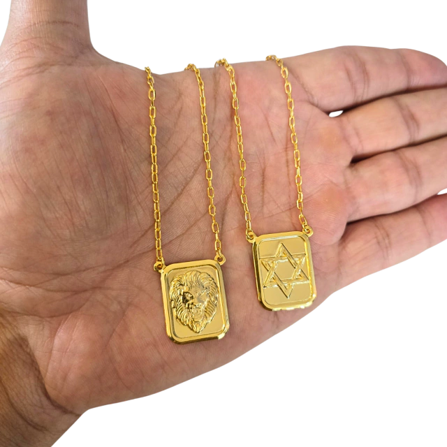 Escapulário Cadeado 2mm Leão Estrela de Davi Banhado A Ouro 18k