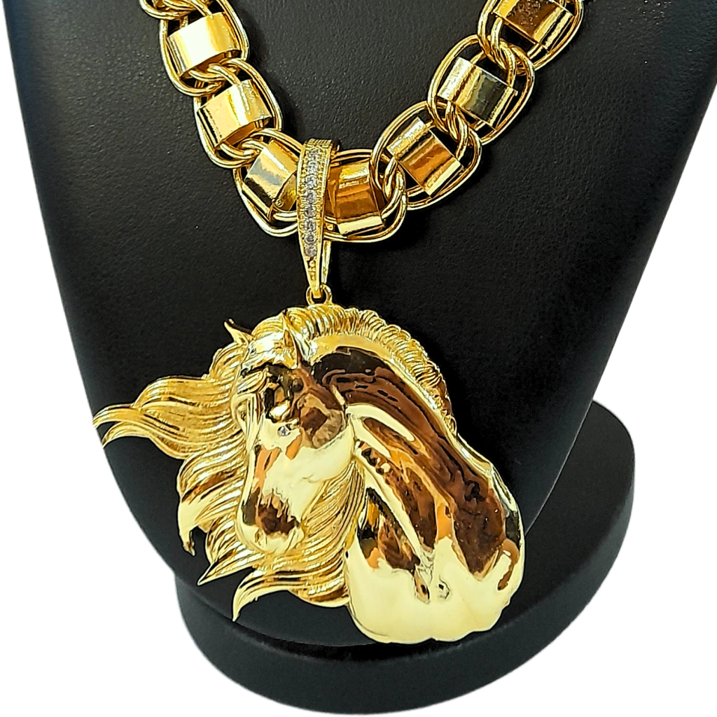 Cordão+Pulseira Dubai 15mm+Pingente Cavalo Égua Pônei Banhado a ouro 18k