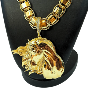 Cordão+Pulseira Dubai 15mm+Pingente Cavalo Égua Pônei Banhado a ouro 18k