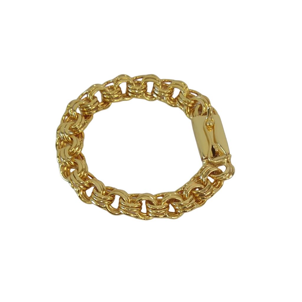 Cordão+Pulseira Friso Triplo 13mm Banhado Ouro 18k