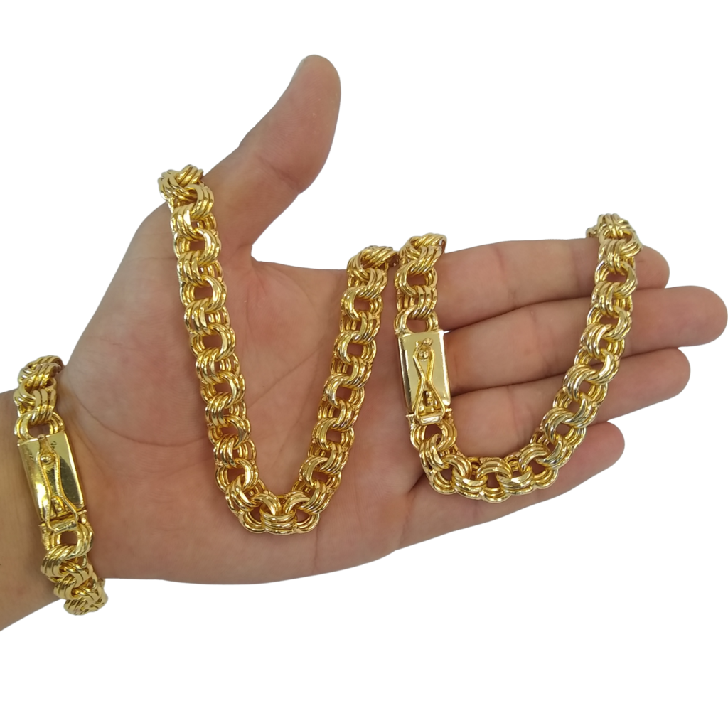 Cordão+Pulseira Friso Triplo 13mm Banhado Ouro 18k