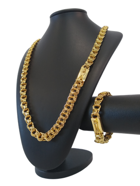 Cordão+Pulseira Friso Triplo 13mm Banhado Ouro 18k