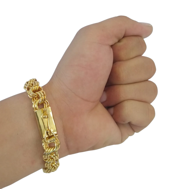 Cordão+Pulseira Friso Triplo 13mm Pingente São Jorge Placa Banhado a Ouro 18k