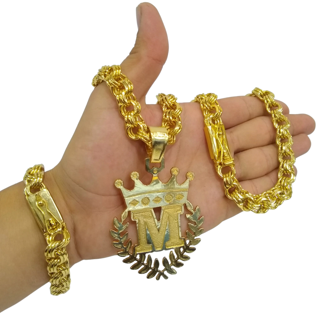 Cordão+Pulseira Friso Triplo 13mm Pingente Escolha sua Letra Louros de A a Z Louros Banhado a Ouro 18k